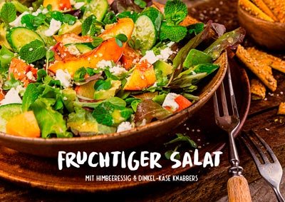 Postkarte fruchtiger salat mit himbeeressig